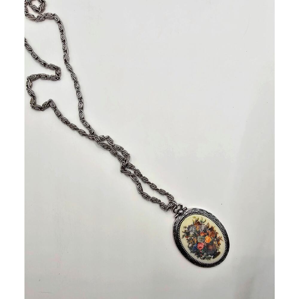Faux Needlepoint Oval Pendant Necklace - Signed Coventry Vintage Silver Toned